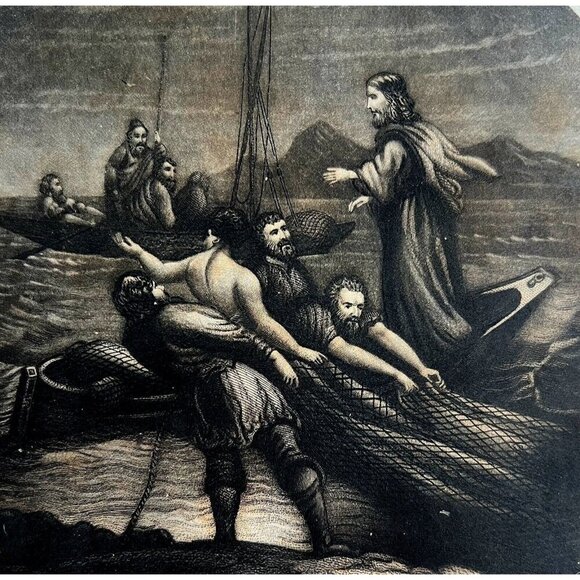 Jesus Christ Draught Of Fishes Engraving 1868 Victorian Religious Art DWEE27 - Picture 1 of 3